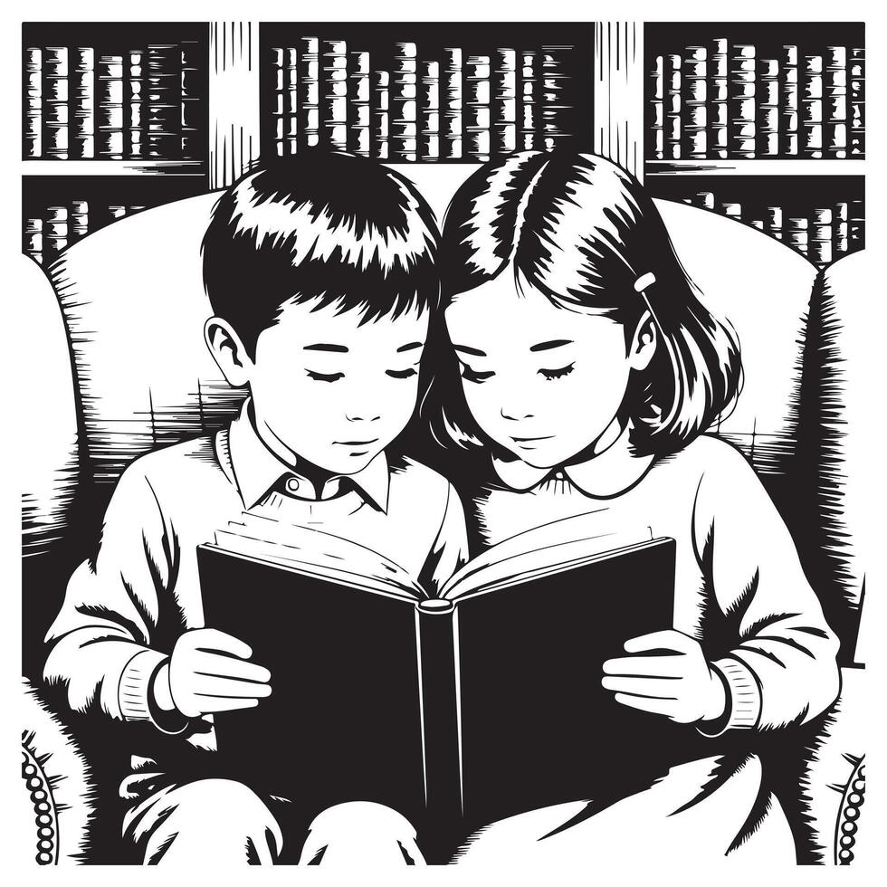 Boy and Girl Reading Together Vintage Black and White Learning Illustration vector