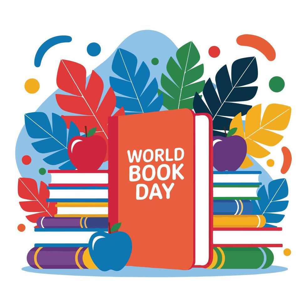 World Book Day Poster Design with Books and Foliage vector