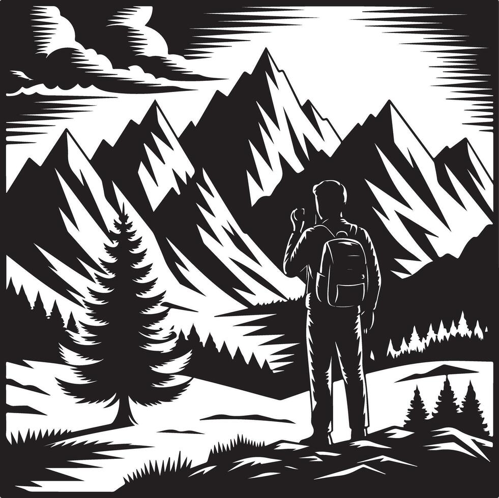 Outdoor Explorer Capturing Mountain Views in Nature vector