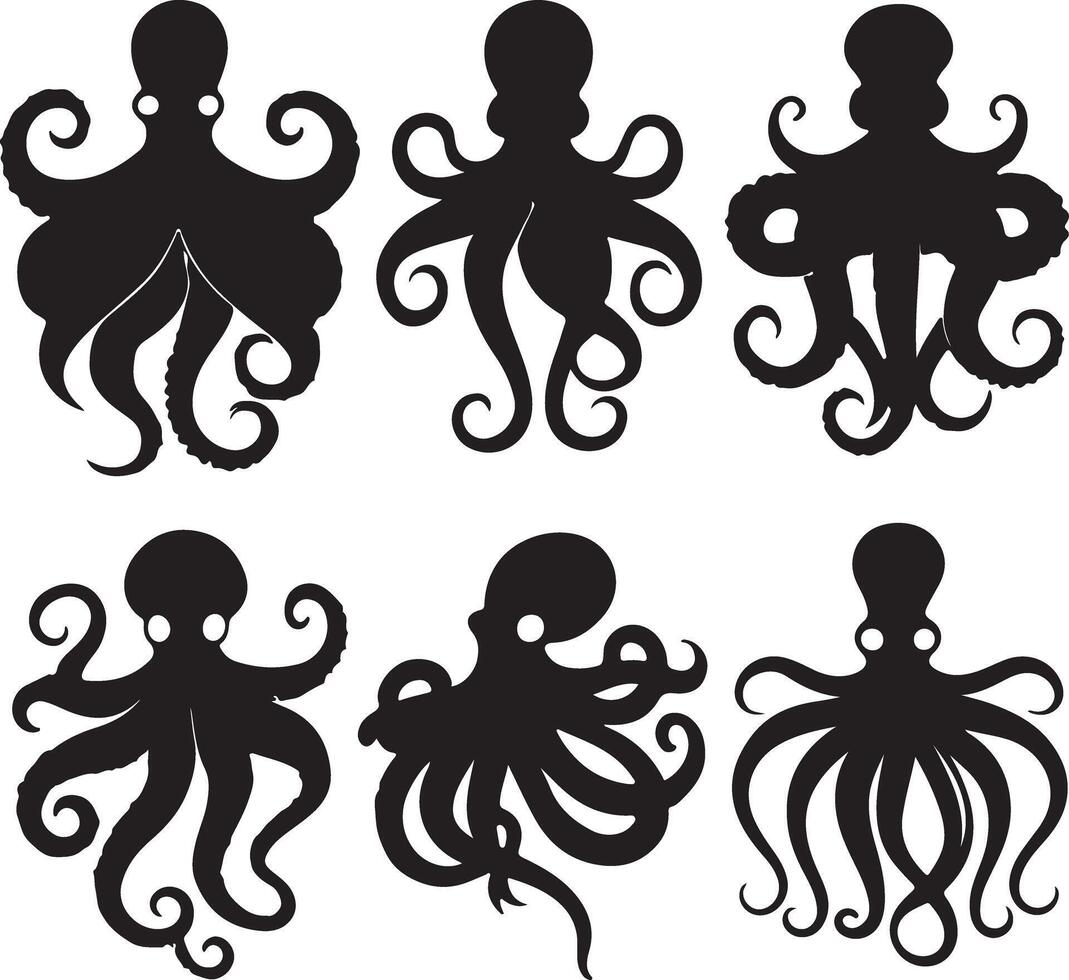 Octopus Black Silhouette Clipart Bundle vector