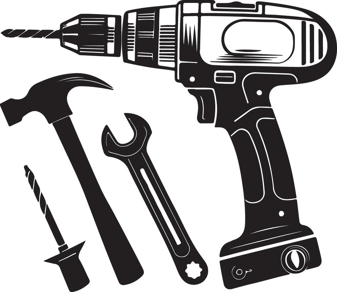 Silhouette Construction Tools Pack Drill Hammer Wrench vector
