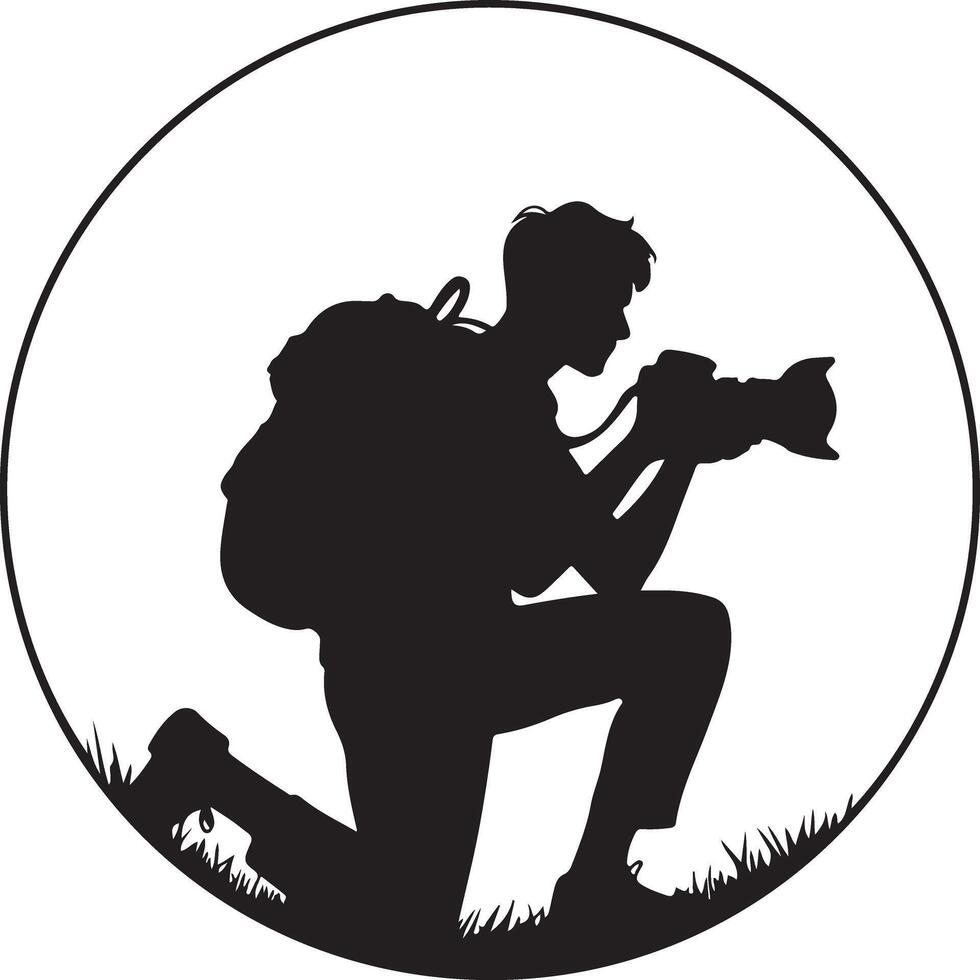 Camera Man Kneeling Silhouette with Backpack vector
