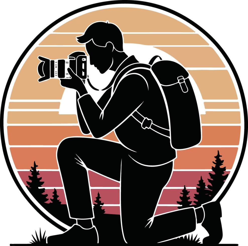 Silhouette of Photographer Kneeling with Backpack and Camera vector