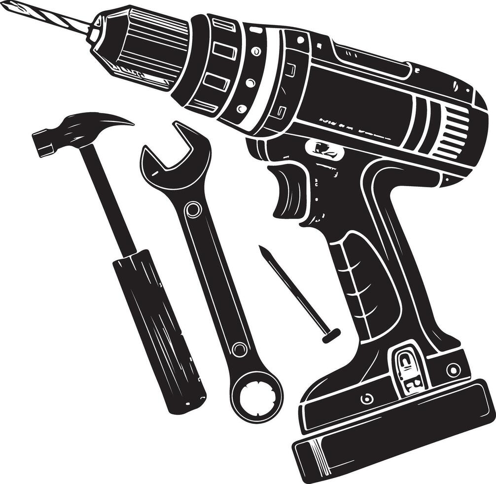 Power Tools Silhouette Clipart Drill, Hammer, Wrench And Screwdriver Set vector