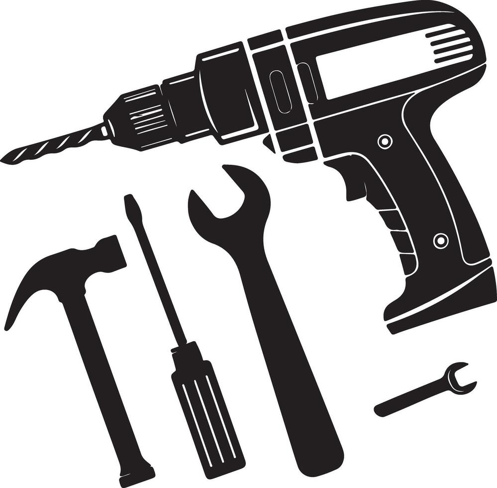 Black Silhouette Power Tools Drill Hammer Wrench Screwdriver vector