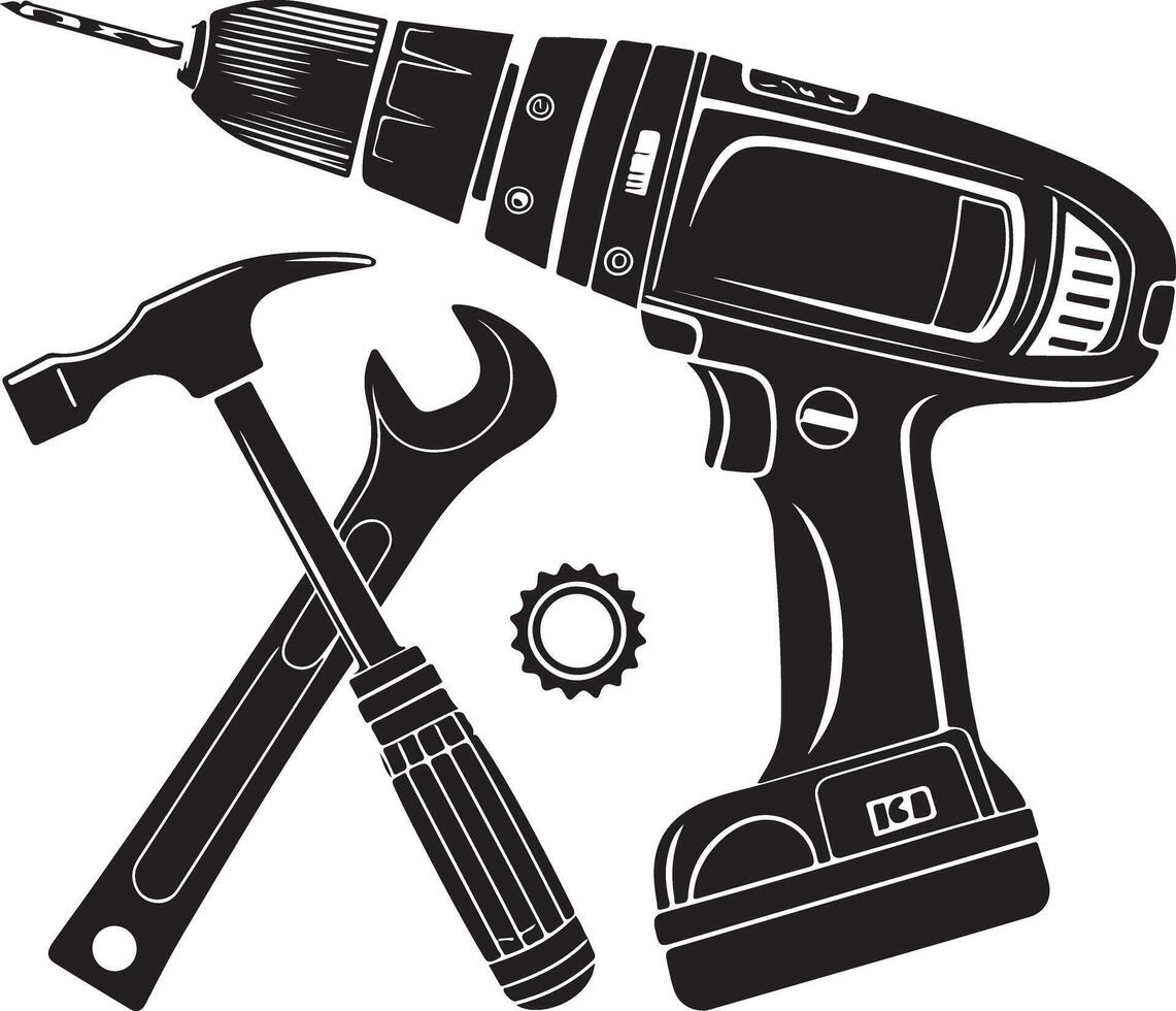 Hand Tools Silhouette Clipart Set Power Drill Hammer Wrench Screwdriver vector