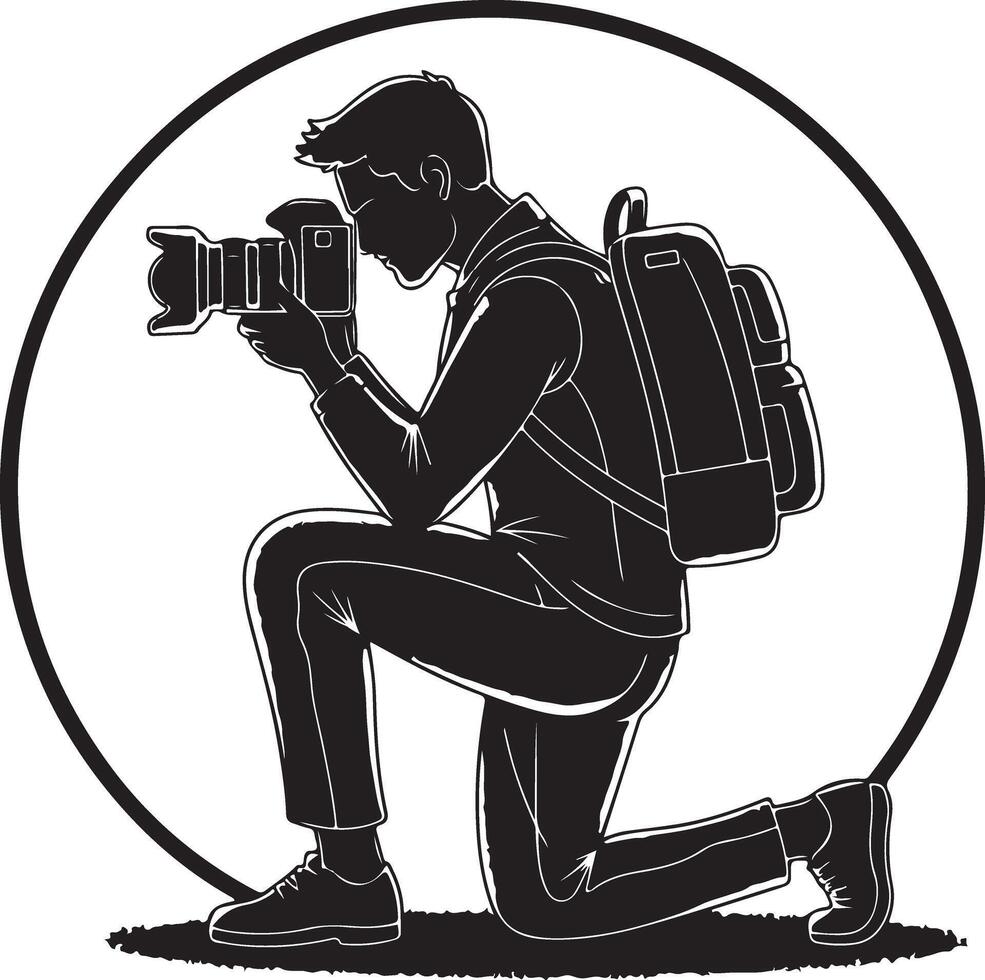 Professional Photographer Kneeling with Camera vector