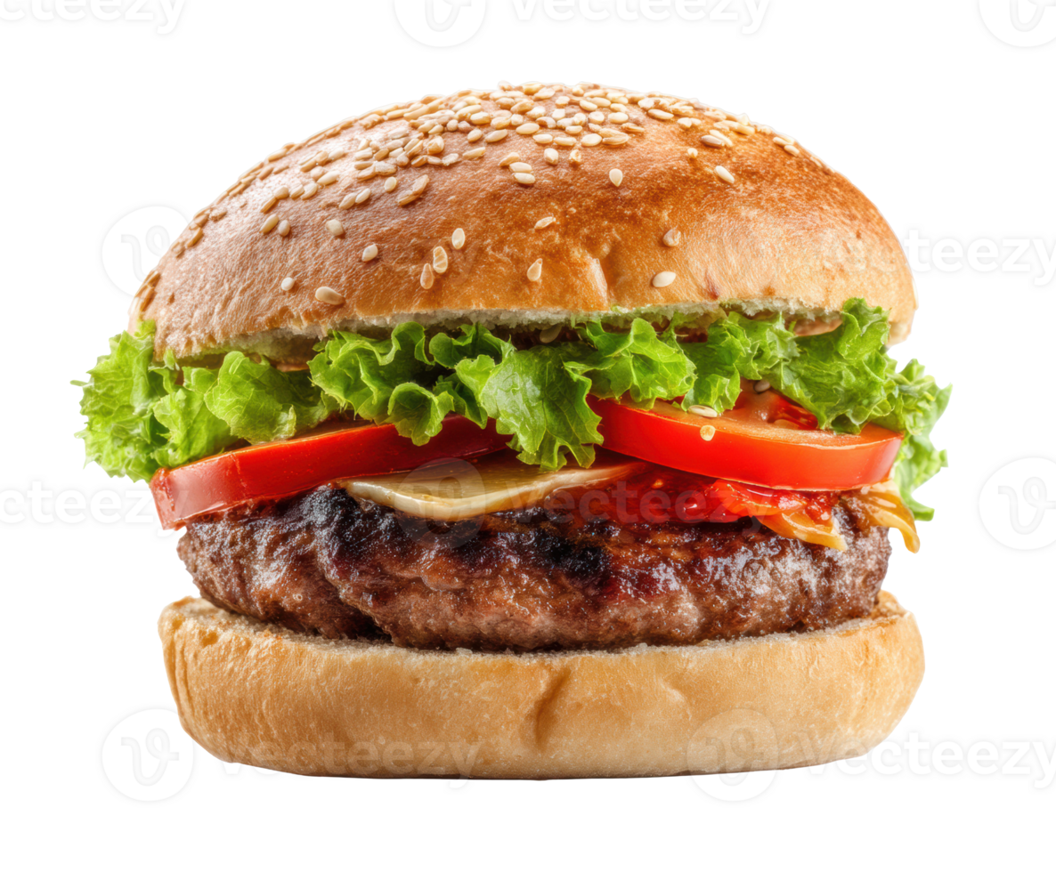 Delicious burger with fresh vegetables and sesame bun png