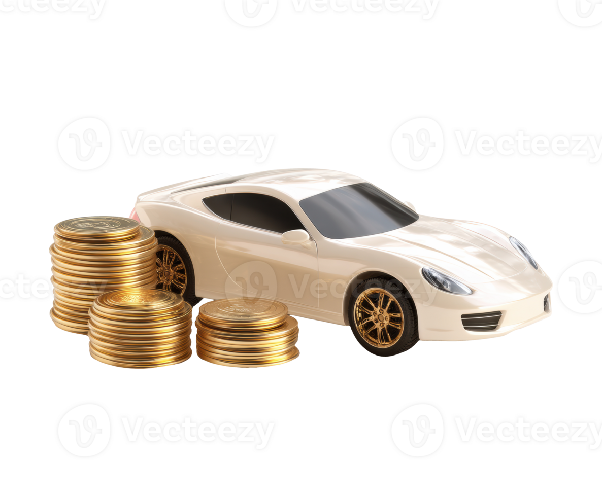 Luxury car beside gold coins for wealth success png