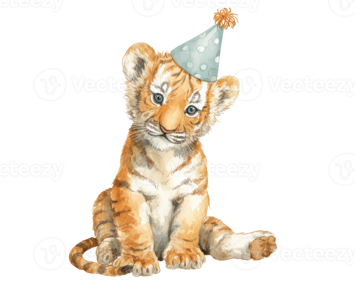 Cute tiger cub wearing a party hat for birthday celebration png