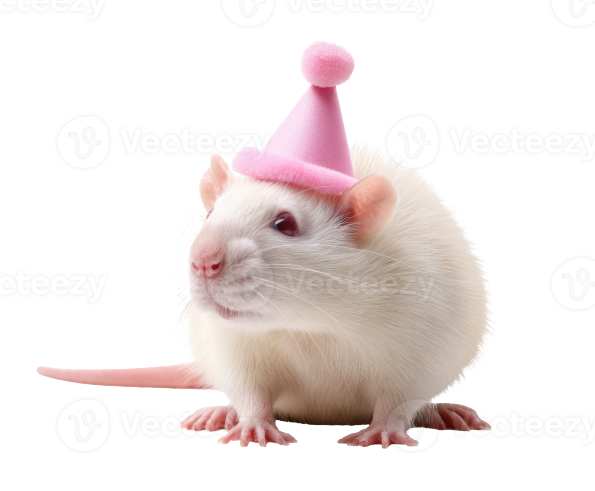 Happy pet rat wearing a festive pink party hat for celebration png