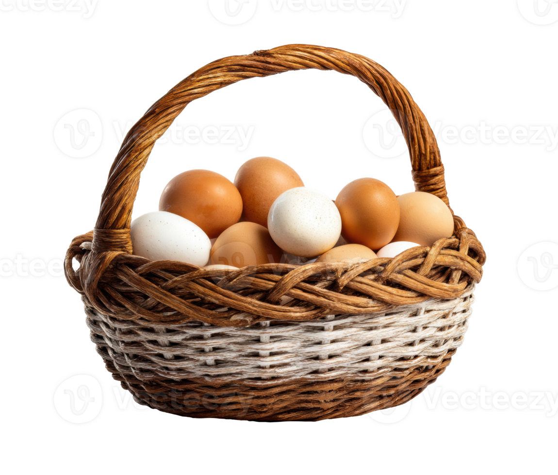Fresh eggs in a woven basket for kitchen use or decoration png