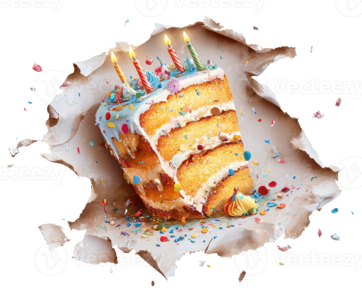 Celebration cake bursting through paper for festive events png