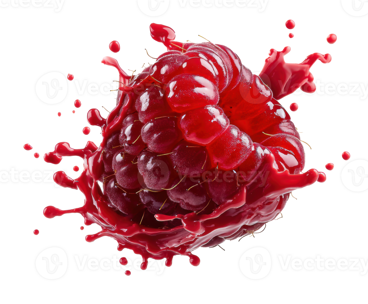 Fresh raspberry splashing with juice in dynamic motion png