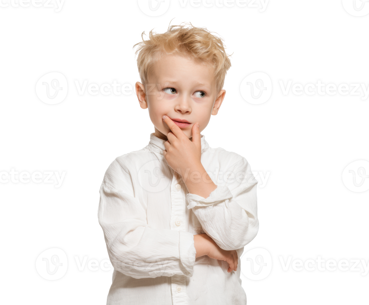 Young boy displaying thoughtful expression in casual clothing png