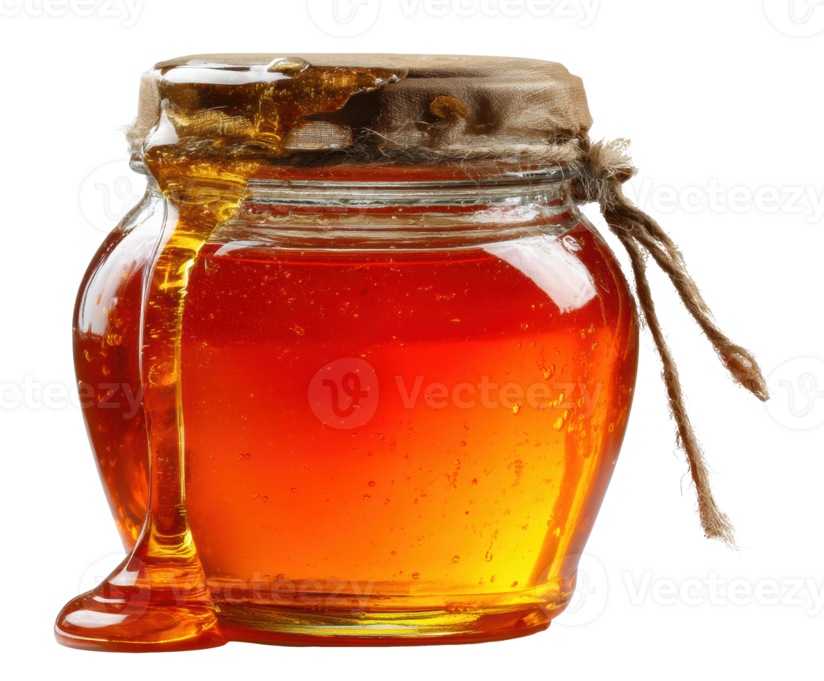 Natural honey jar with dripping honey for culinary uses png