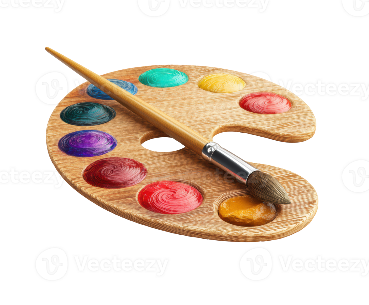 Creative art palette with vibrant colors and brush png