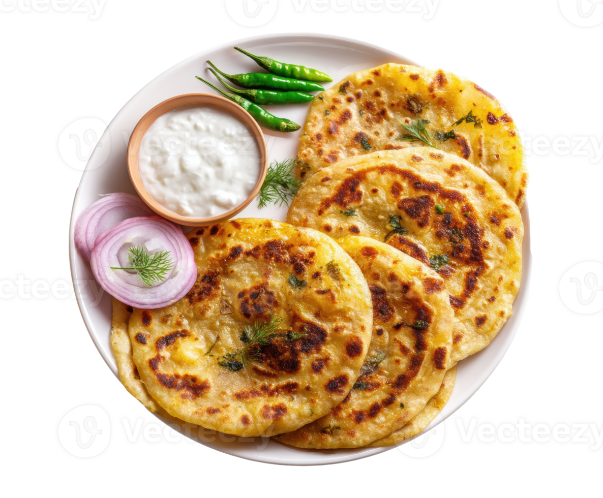 Delicious aloo paratha served with yogurt and green chilies png