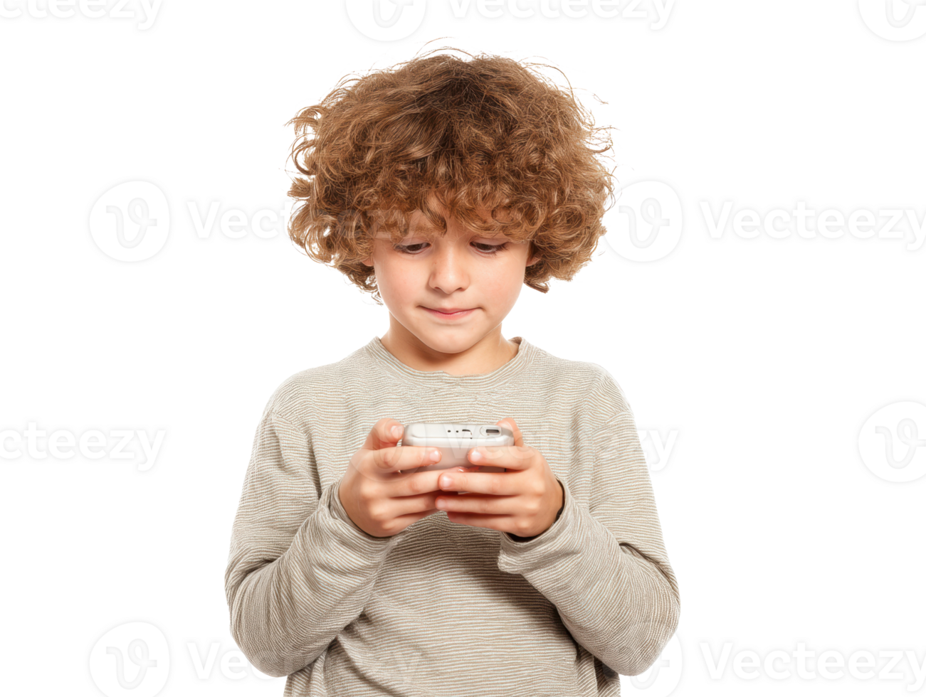Young boy enjoying a mobile game while standing indoors png