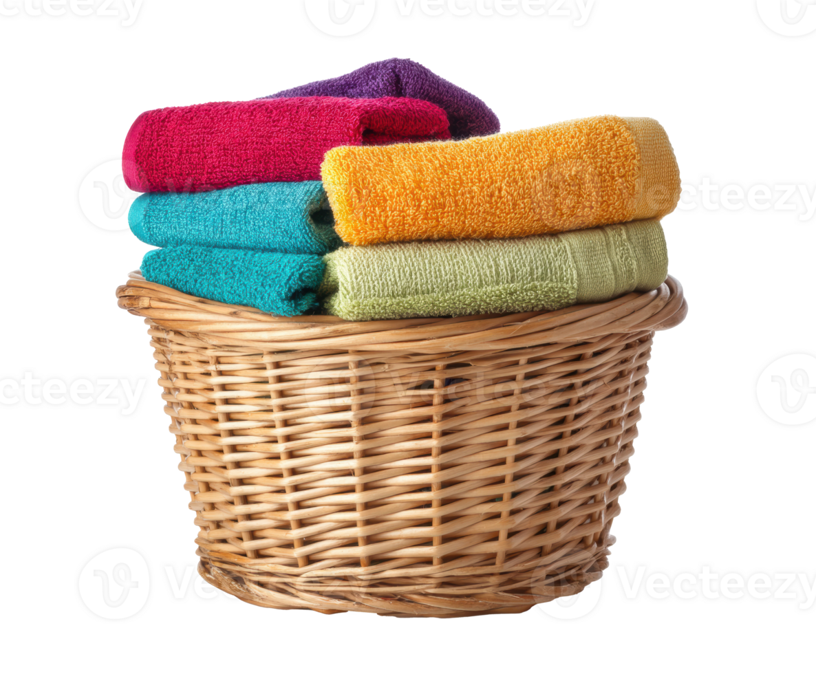 Colorful towels stacked in a wicker basket for home organization png