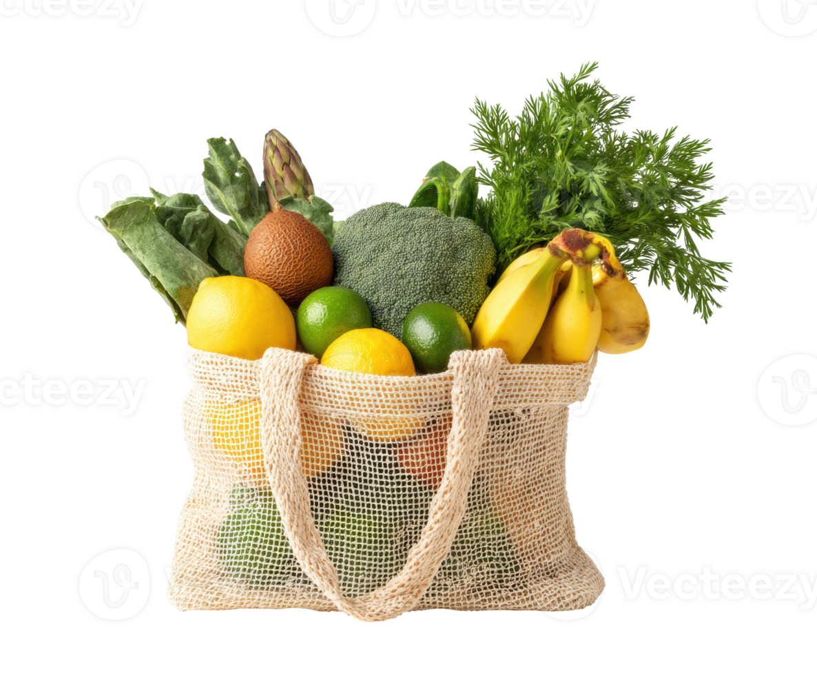 Fresh produce in a reusable bag for a healthy life png