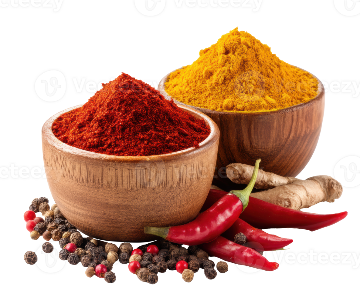 Vibrant spices and herbs in wooden bowls for cooking png