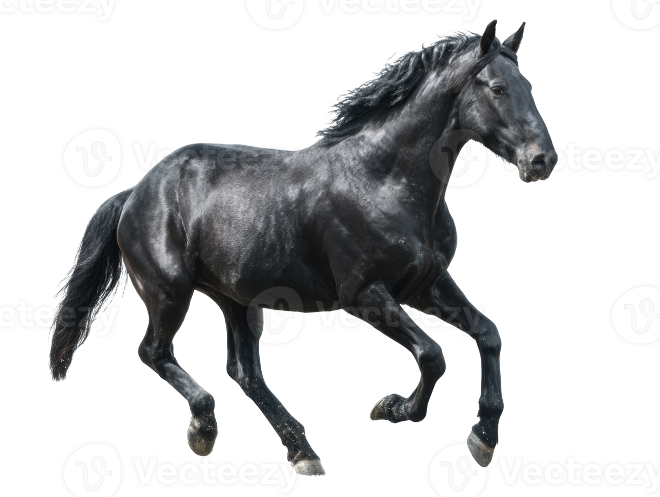 Majestic black horse running in a lush green field png