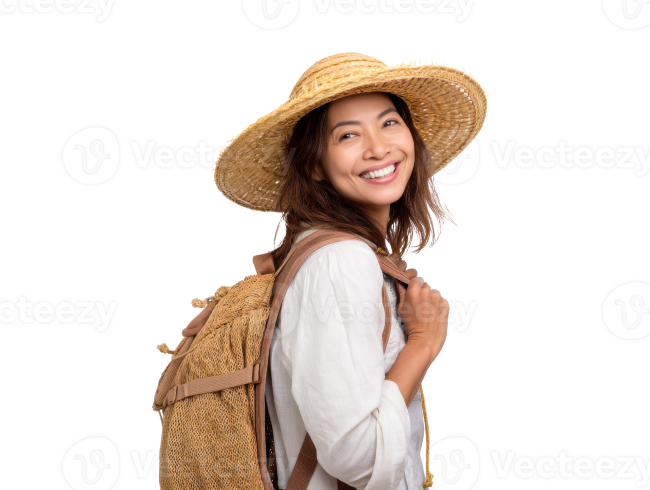 Happy woman in a straw hat enjoying the outdoors png