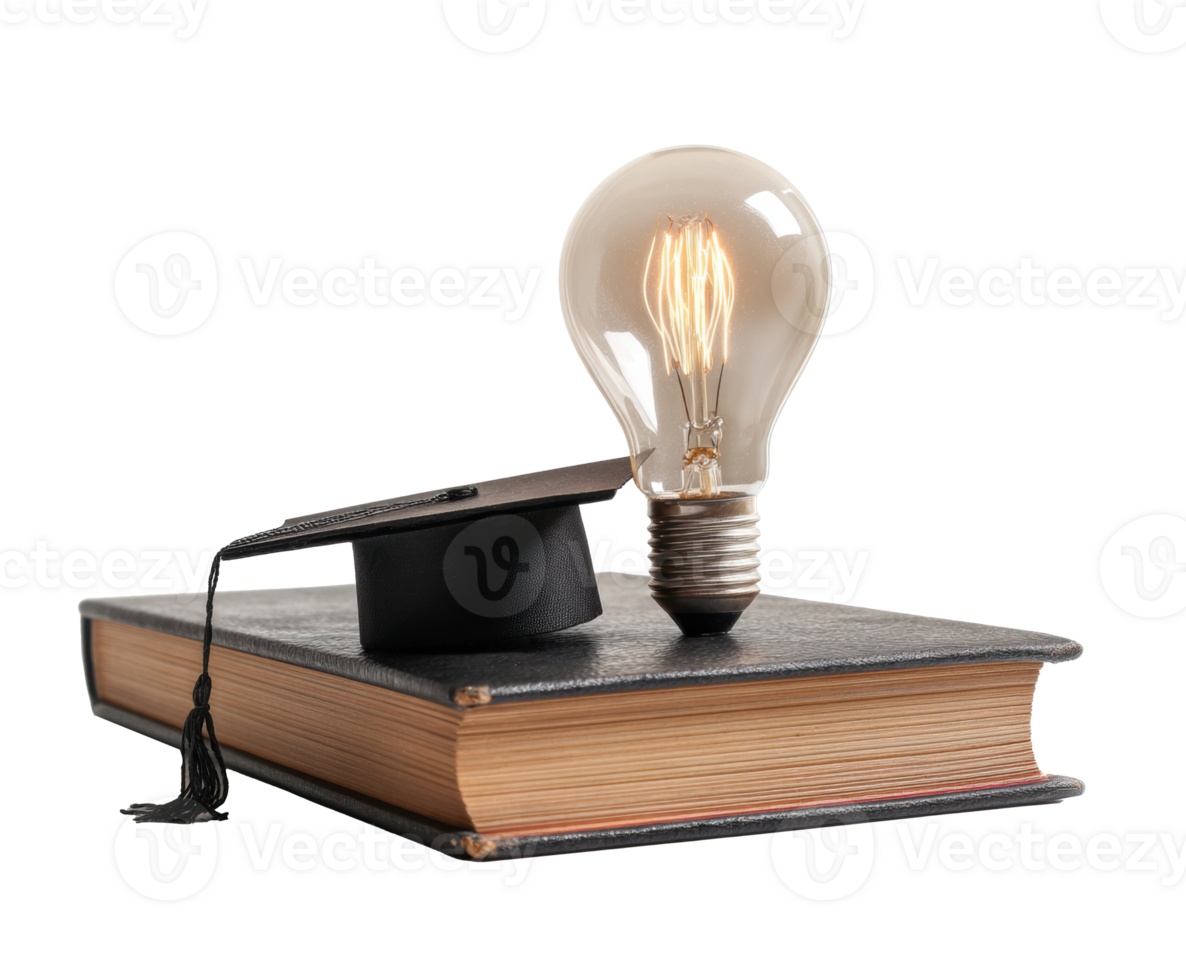 Graduation cap and light bulb on a book symbolizing education png
