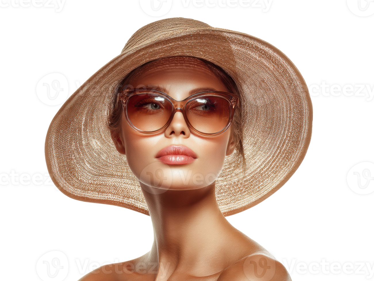 Chic woman in sun hat and stylish shades for summer png