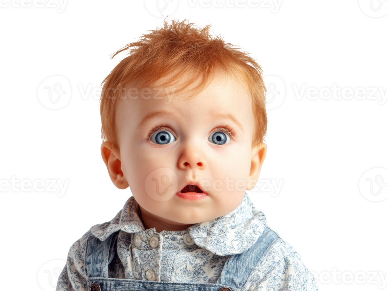 Surprise expression of a curious baby with blue eyes and red hair png