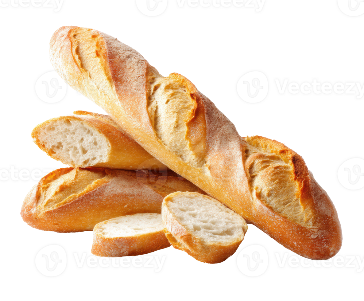 Freshly baked baguette stacked with slices on a table png