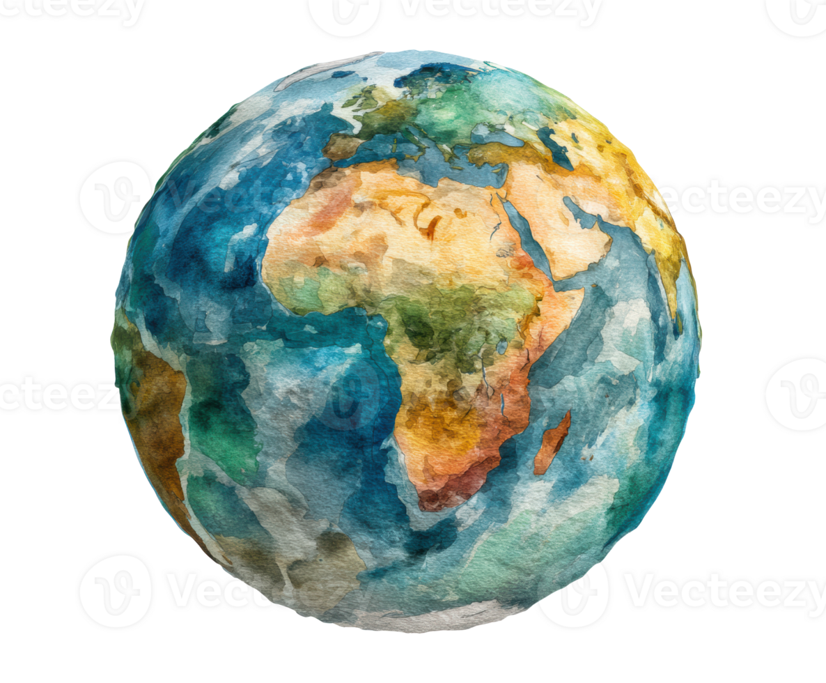 Vibrant watercolor globe of continents and oceans png