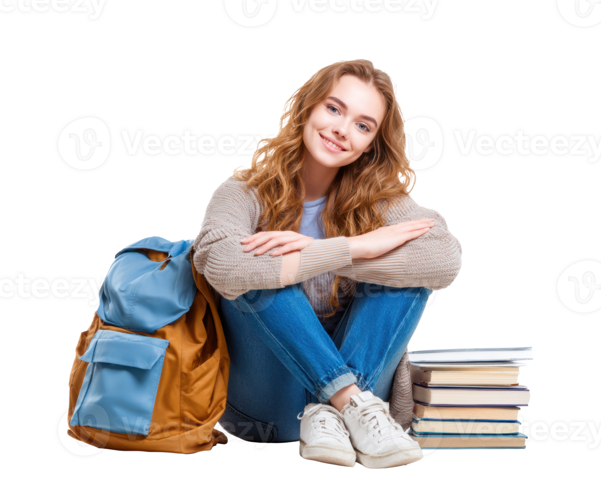 Student relaxing with books and backpack in a study space png