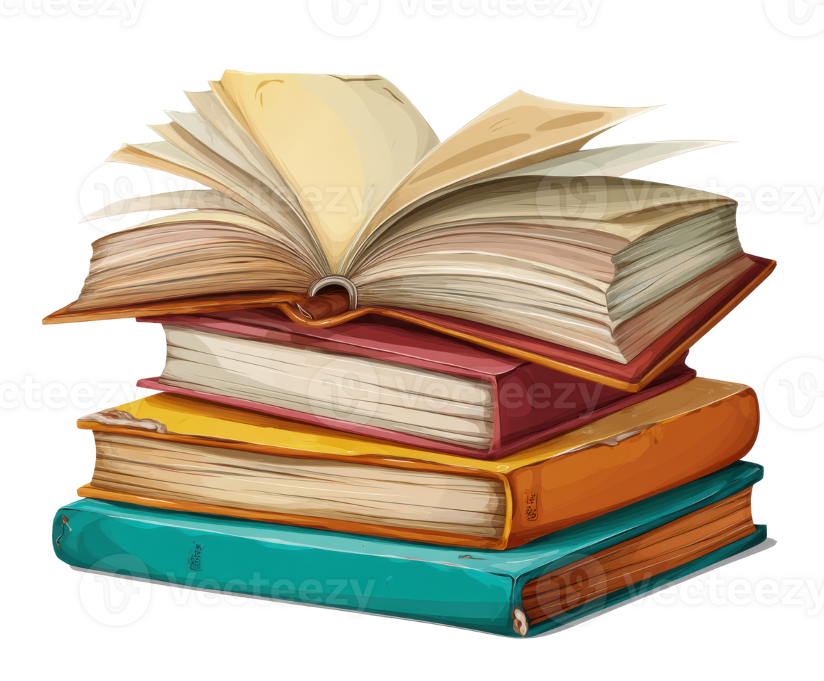 Stacked books with open pages for reading and study concepts png