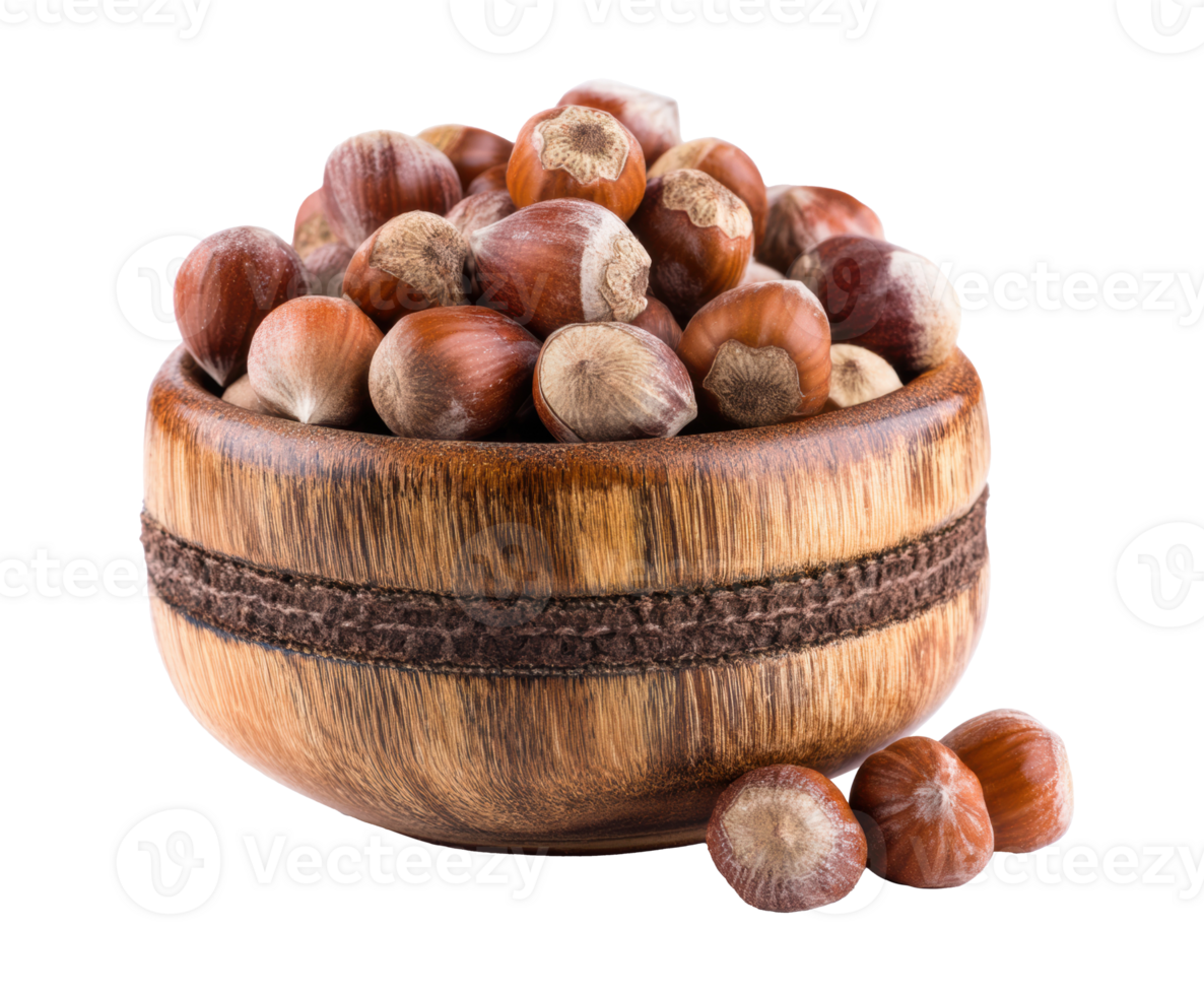 Hazelnuts in a rustic wooden bowl for culinary uses png