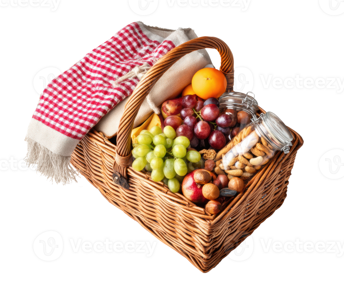 Beautiful picnic basket filled with fruits and snacks png