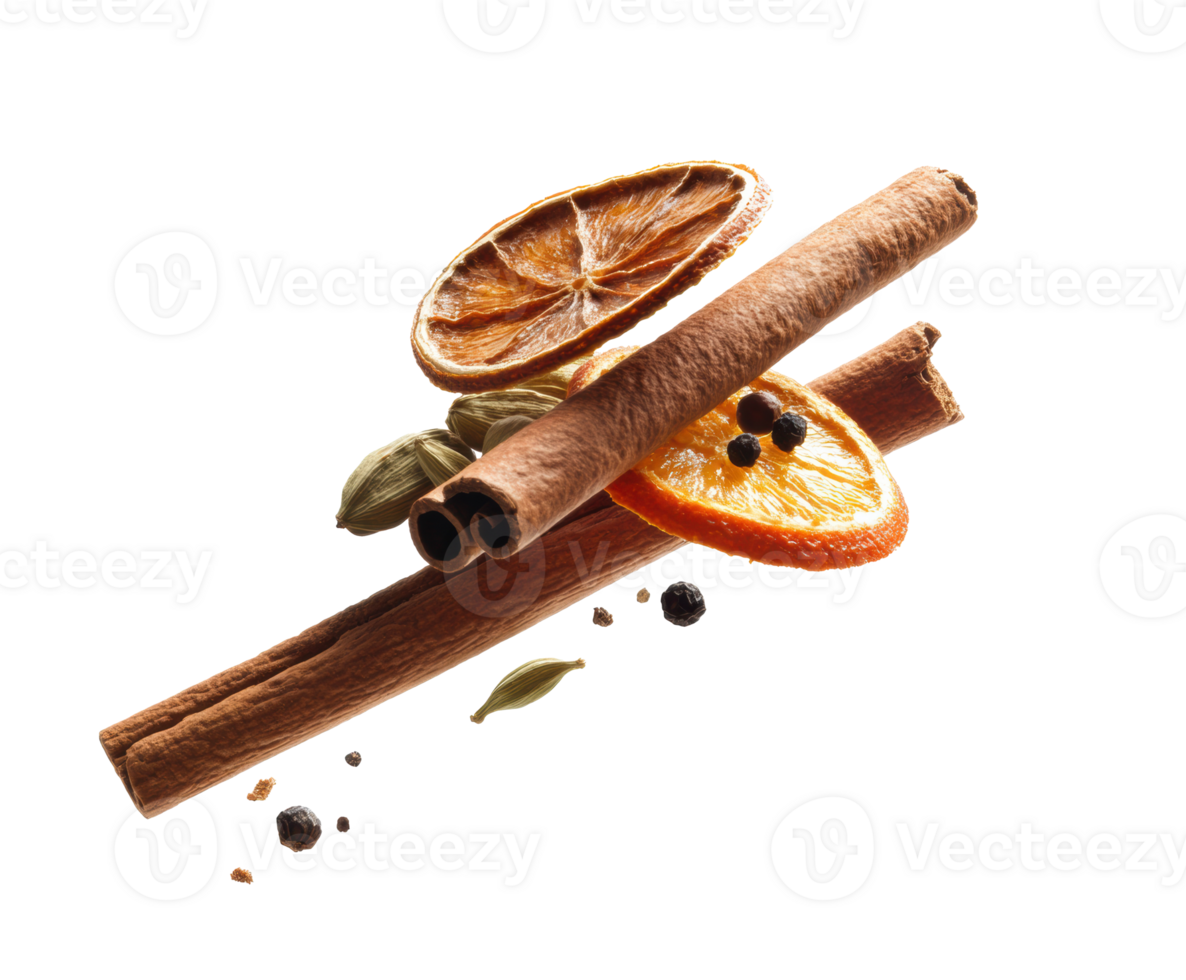 Cinnamon sticks and dried orange slices for festive cooking png