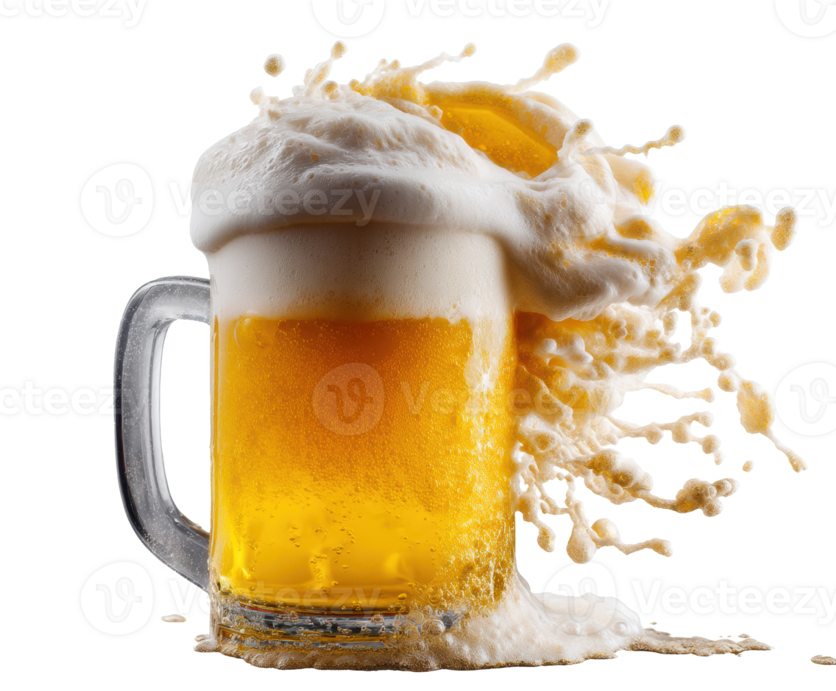 Refreshing beer with foam splashing from a glass mug png