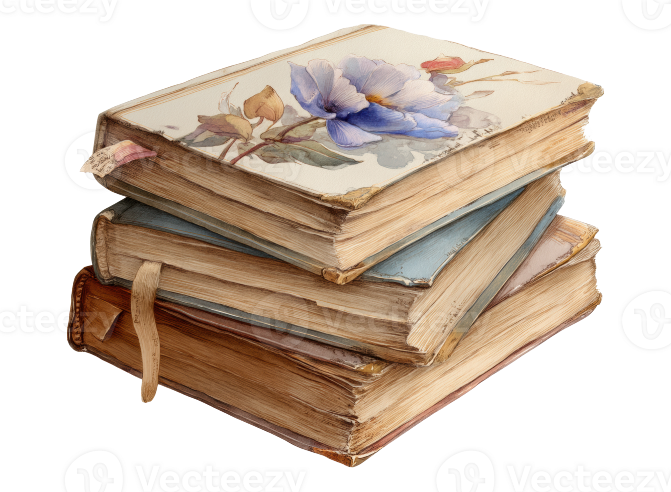 Stacked vintage books with floral designs on covers png