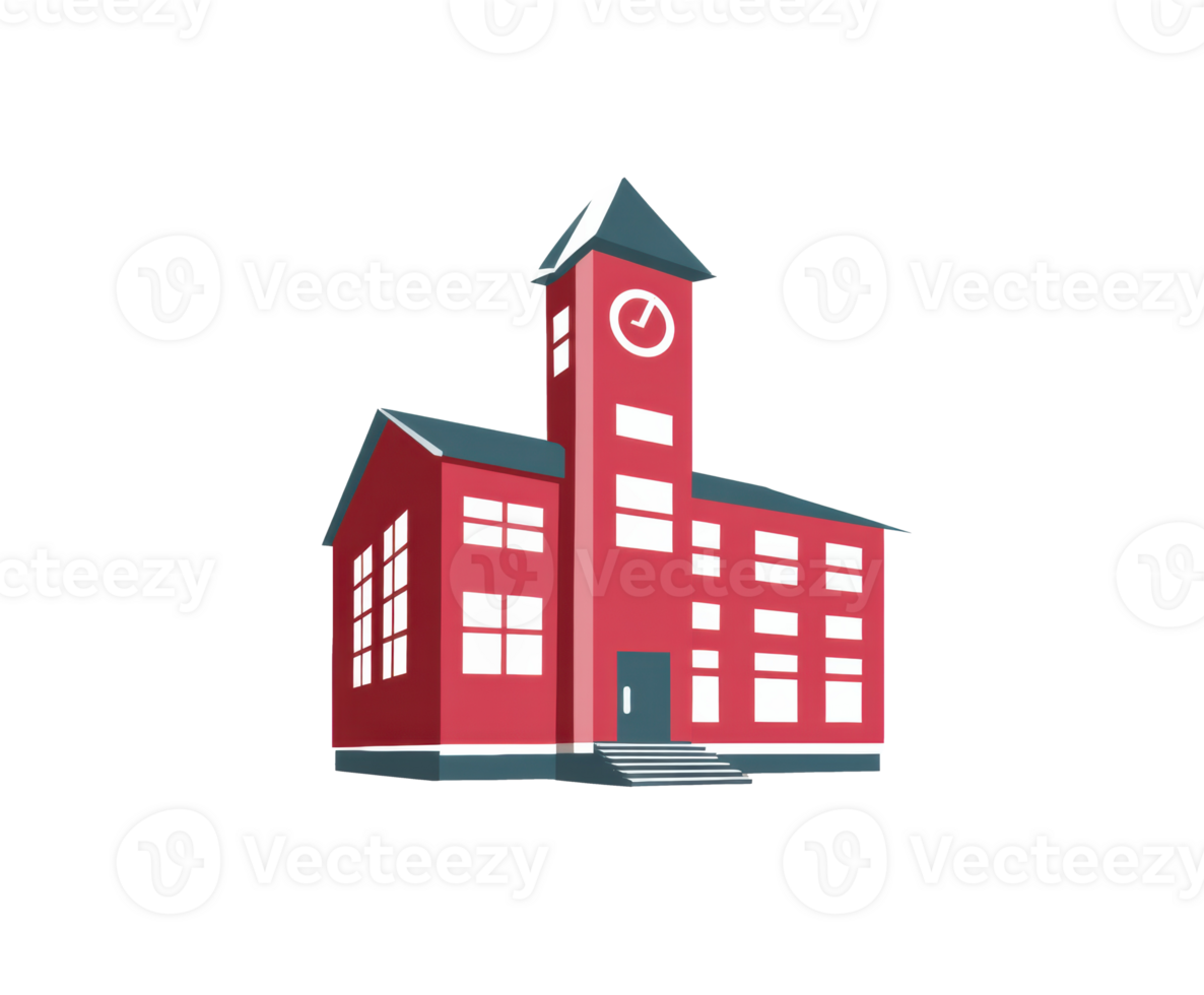 Red school building with clock tower ideal for education design png