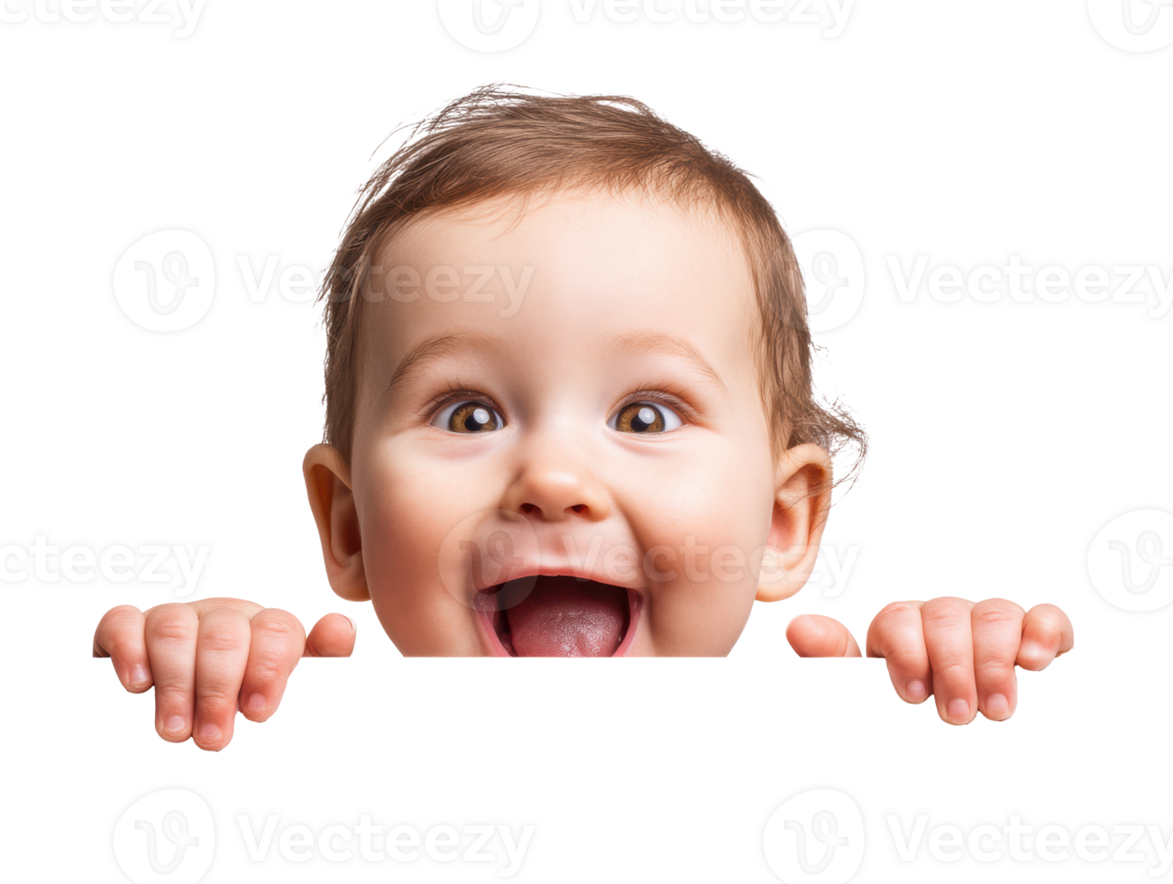 Happy baby smiling with hands over a blank space png
