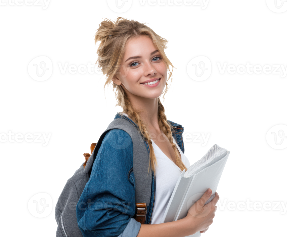 Confident student ready for adventure with books and backpack png