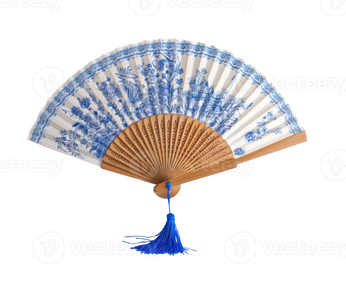 Elegant blue patterned folding fan for summer events and decor png
