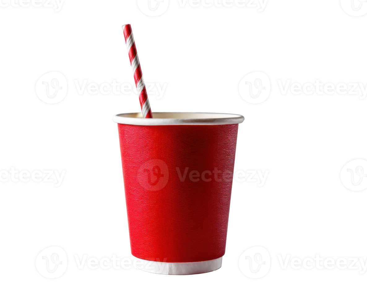 Refreshing red drink cup with striped straw for enjoyment png