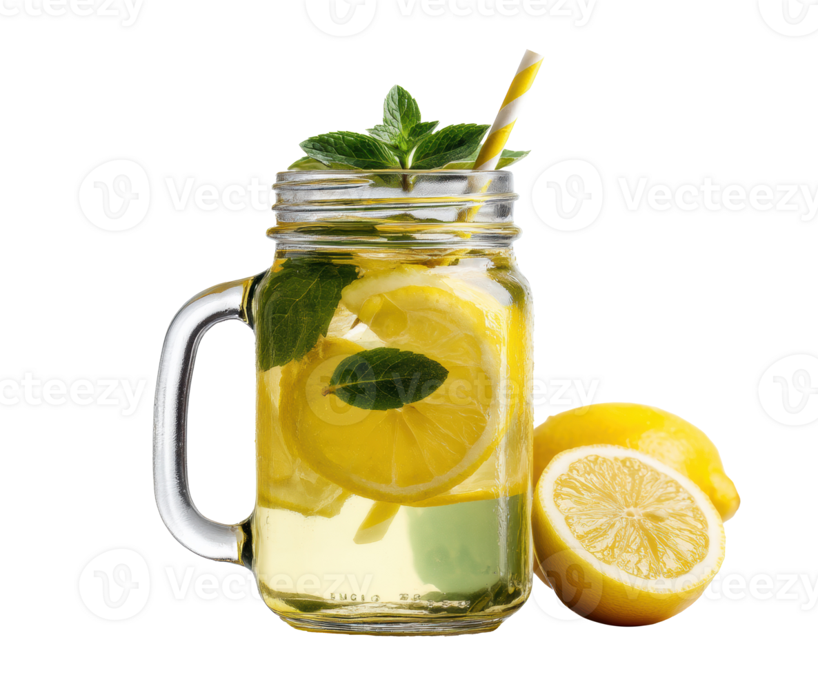Refreshing lemonade with mint and lemon slices in a jar png