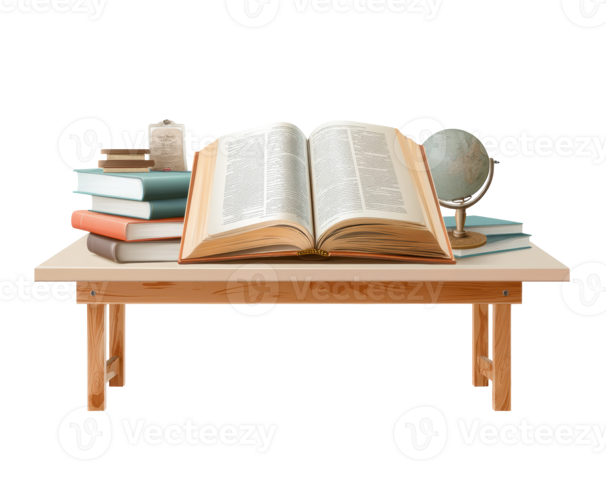 Knowledge exploration with books and globe on a study table png