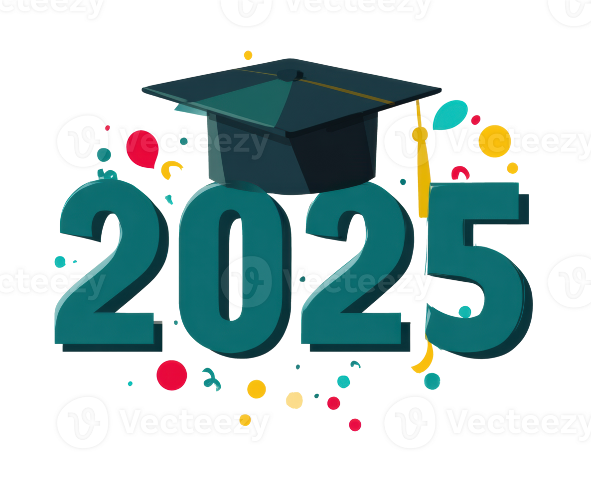 Graduation celebration design for 2025 with cap and confetti png