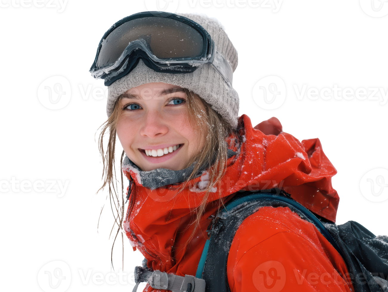 Joyful skier in snowy landscape with snow gear and goggles png
