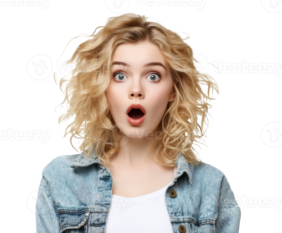 Surprised young woman with curly hair expressing shock and joy png
